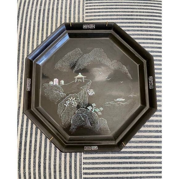 Maruni Lacquerware Mother of Pearl Inlay Occupied Japan Metal Plates Set - Picture 4 of 12